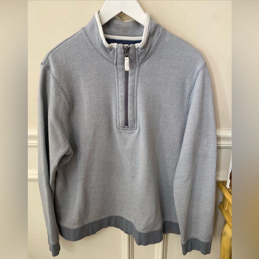 Copper Oak 1/4 Zip Blue Stripe Men's Gray Half-Zip Sweater Size Large